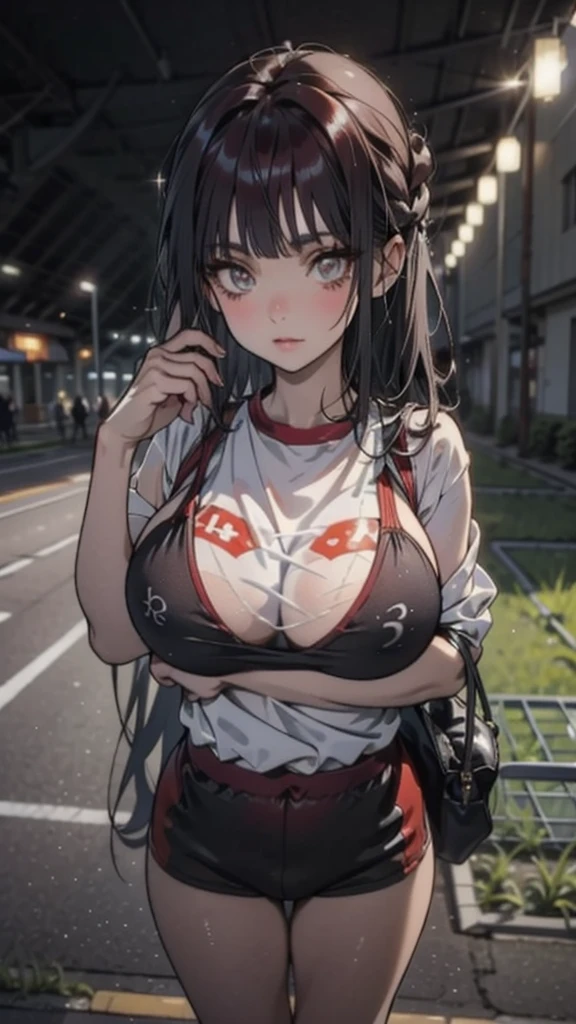 masterpiece、The best、1 female、 Bun bun、black hair、Shoulder leakage、big breasts、chubby、Smile、Nurse Uniform,White suspenders、lace leggingackpack,On campus,pose