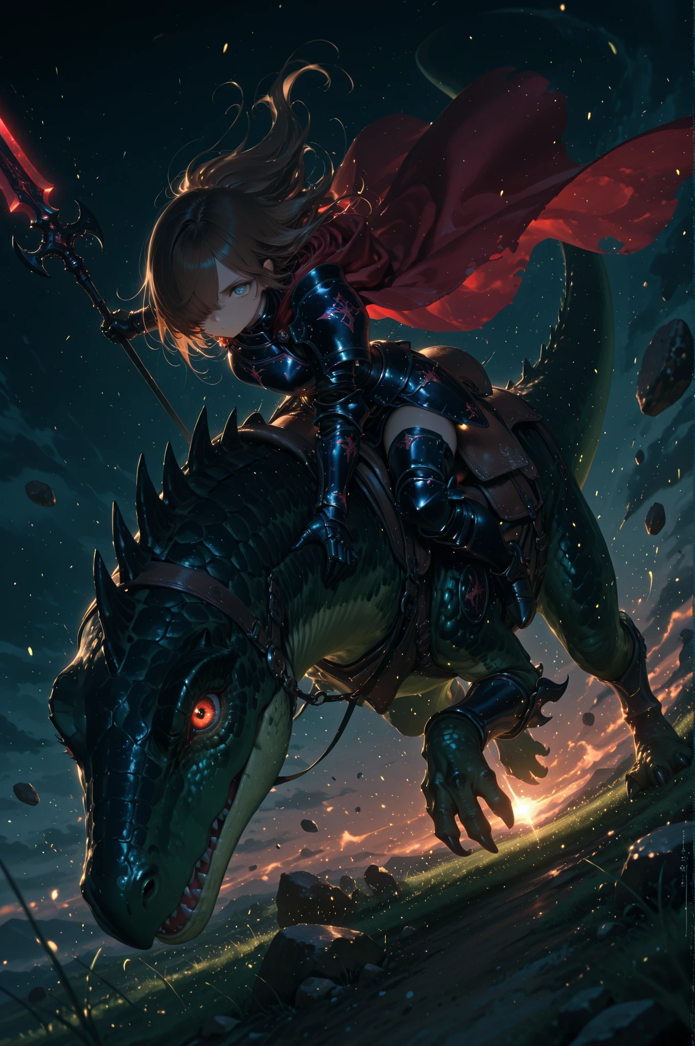 1woman,
solo, hyper-detailed beautiful eyes, cape, Intricate, hair_over_one_eye, white twisted hair:1.1, close mouth, shining armor, gauntlet, she holding spear,
armor boots, Fluttering Red Cape, BREAK
she riding dinosaur, Armored dinosaur, Reddish brown dinosaur, Ferocious fangs, powerful dinosaur faces, reptilian eyes, Reins, saddle, dynamic angle, from above, BREAK
fantasy, dark fantasy art, Dry grassland, rocks, stones, BREAK
Dim river, Spooky Fog, BREAK
masterpiece, newest, absurdres, incredibly absurdres, best quality, amazing quality, very aesthetic, Intricate, dynamic angle, depth of field