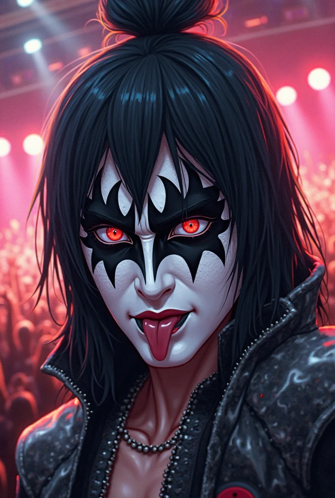 The Joker with his iconic smeared white face paint, dark eyes, and red smile stands at the microphone center stage, capturing a raw and chaotic energy. Surrounding him, Gene Simmons and the rest of Kiss are in their flamboyant heavy makeup and leather outfits accented with spikes. The lighting is dramatic, with strong spotlights and colored beams cutting through the darkness to highlight the performers. The stage is full of movement, with the Joker gesturing wildly and Simmons sticking out his long tongue, creating a charged atmosphere of rebellion and frenetic excitement. Candid, high-energy rock concert, combining the dark, chaotic aesthetic of The Dark Knight's Joker with the flamboyant, theatrical style of Gene Simmons and Kiss. High contrast lighting, intense facial makeup, and dynamic stage presence.