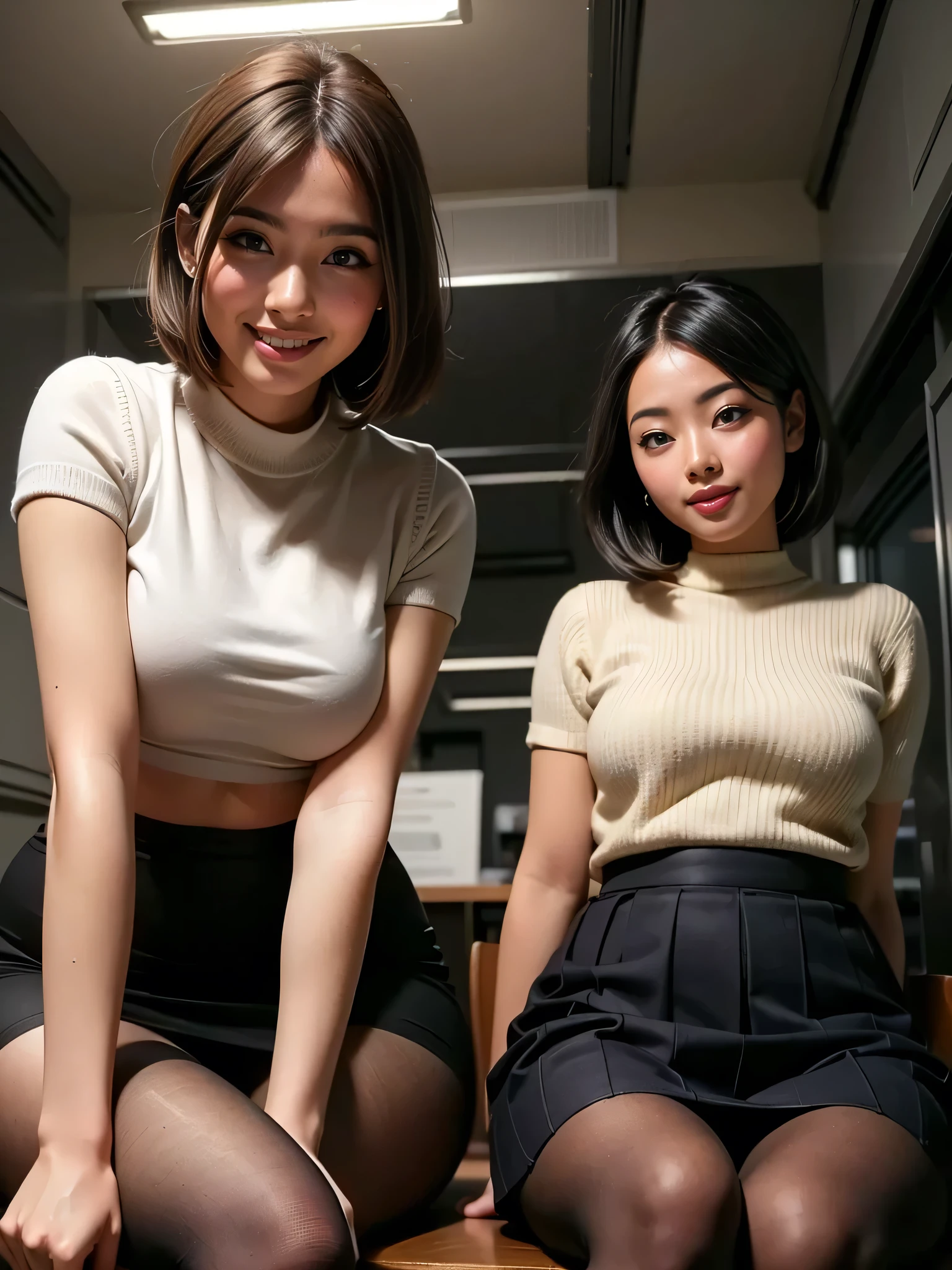 (best quality, masterpiece:1.5), (ultra-detailed, realistic:1.5),4K,(cute,beautiful,woman),(from below:1.2),(big breast:1.2),(blonde),(lace bra),(miniskirt:1.2),(black pantyhose),(high heels),beauty legs,(smile:1.2),(arms behind back),looking viewer,