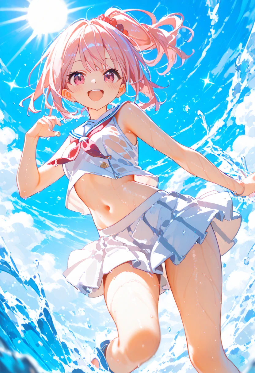 best quality, masterpiece, highres, solo, {i_58_kantaicollection:1.15}, short_hair, pink_hair, hair_ornament, ahoge, pink_eyes, serafuku, swimsuit, blush, school_swimsuit, one-piece_swimsuit, red_eyes