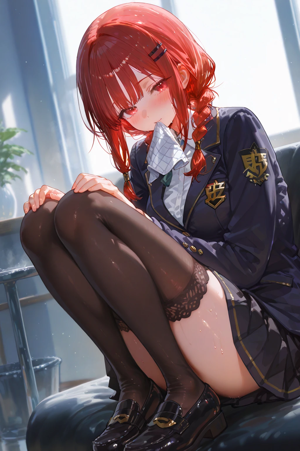 finest, masterpiece, High resolution, (Full body view from head to toe), front, frontやや下からの構図, Symmetrical, 18 year old girl, alone, (whole body from head to toe), small breasts, brown hair, slightly messy hair, long hair, bangs, (black tights), ( (black pantyhose), black pantyhose, (bondage), (spread legs), (tie one's hands behind one's back), (Her legs are spread and her white panties are visible between her legs.), composition show me your white panties, slender beautiful legs, とても美しい18 year old girl, (navy high heels), blush, shy big eyes, messy hair, looking at camera, show me your white panties, Hide your arms behind your back, dark blue office lady uniform, Dark blue pencil skirt, navy blue vest, beige cardigan