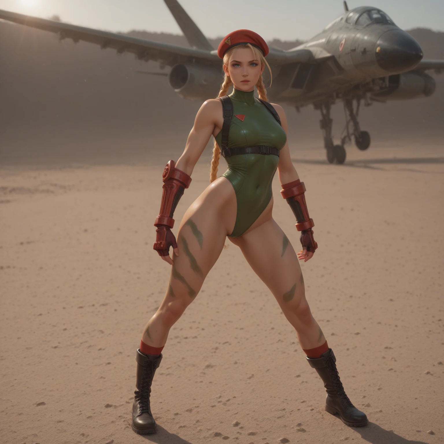 Photo of cammyst in the desert, with her long blonde hair, blue eyes, and a green leotard, standing confidently while wearing a red beret and sporting a stylish braid, looking directly at the viewer.
