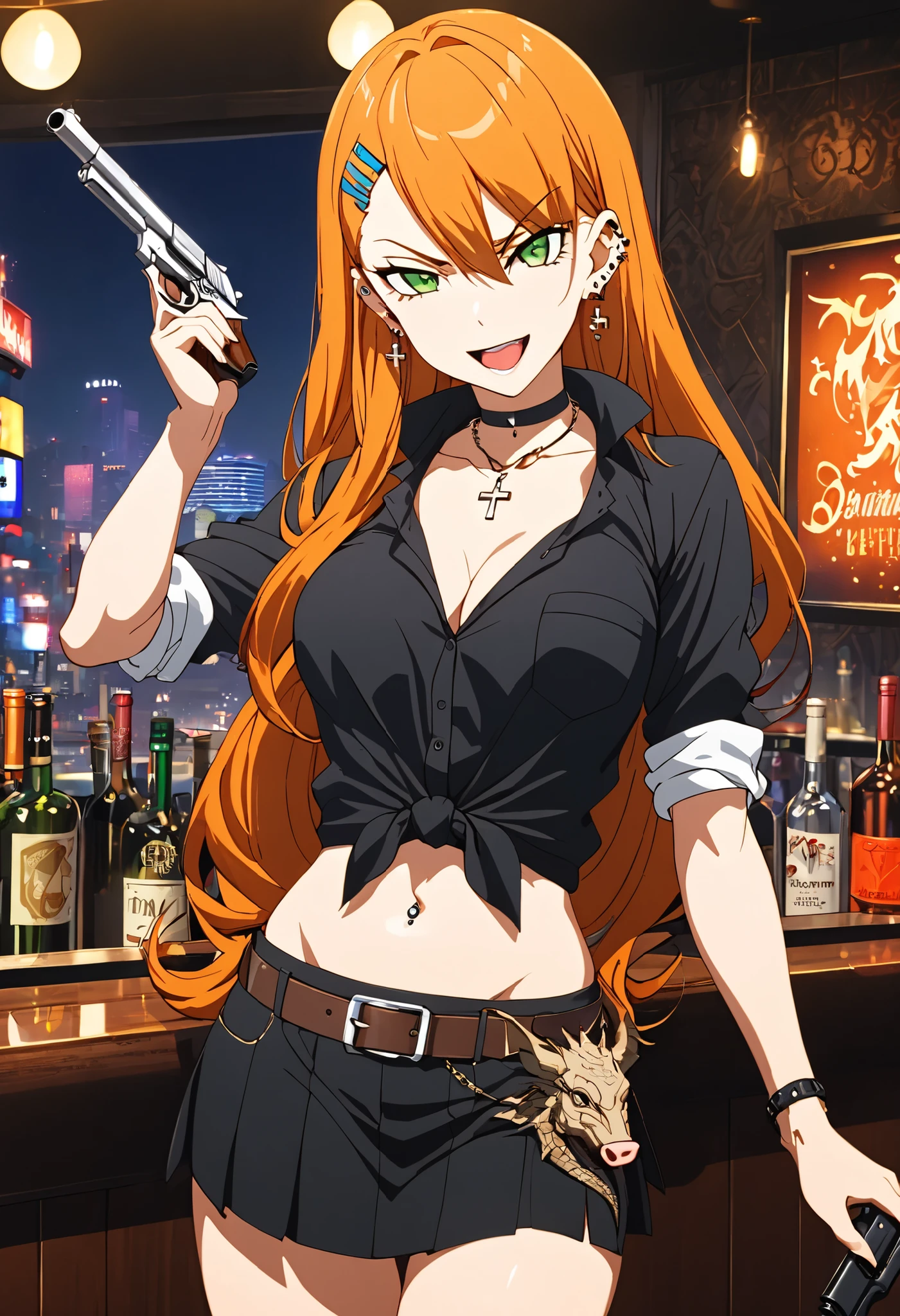 1girl, orange hair, long hair, single pig tail、 clavicle, green eyes, blue hairclip, black choker, earrings,, lipstick,ear piercing, long hair, , lipstick,Hot girl, baddie, smoking, sensual, attractive , choker, ,cross necklace,  bar background , inside bar , indoors , cityscape , casino , nightclub , city lights , pull_down micro mini skirt , smug , smile , shirt with open front , tied shirt , black bikini , open mouth , micro mini skirt , belt , belly button piercing , holding pistol ,, shoulder holster , ,, navel piercing
, medium  breast ,looking at viewer , dragon tattoo on waist, narrowed eyes, tattoo on waist, anipai_style , anime screencap , anime coloring, v-shape eyebrows,
