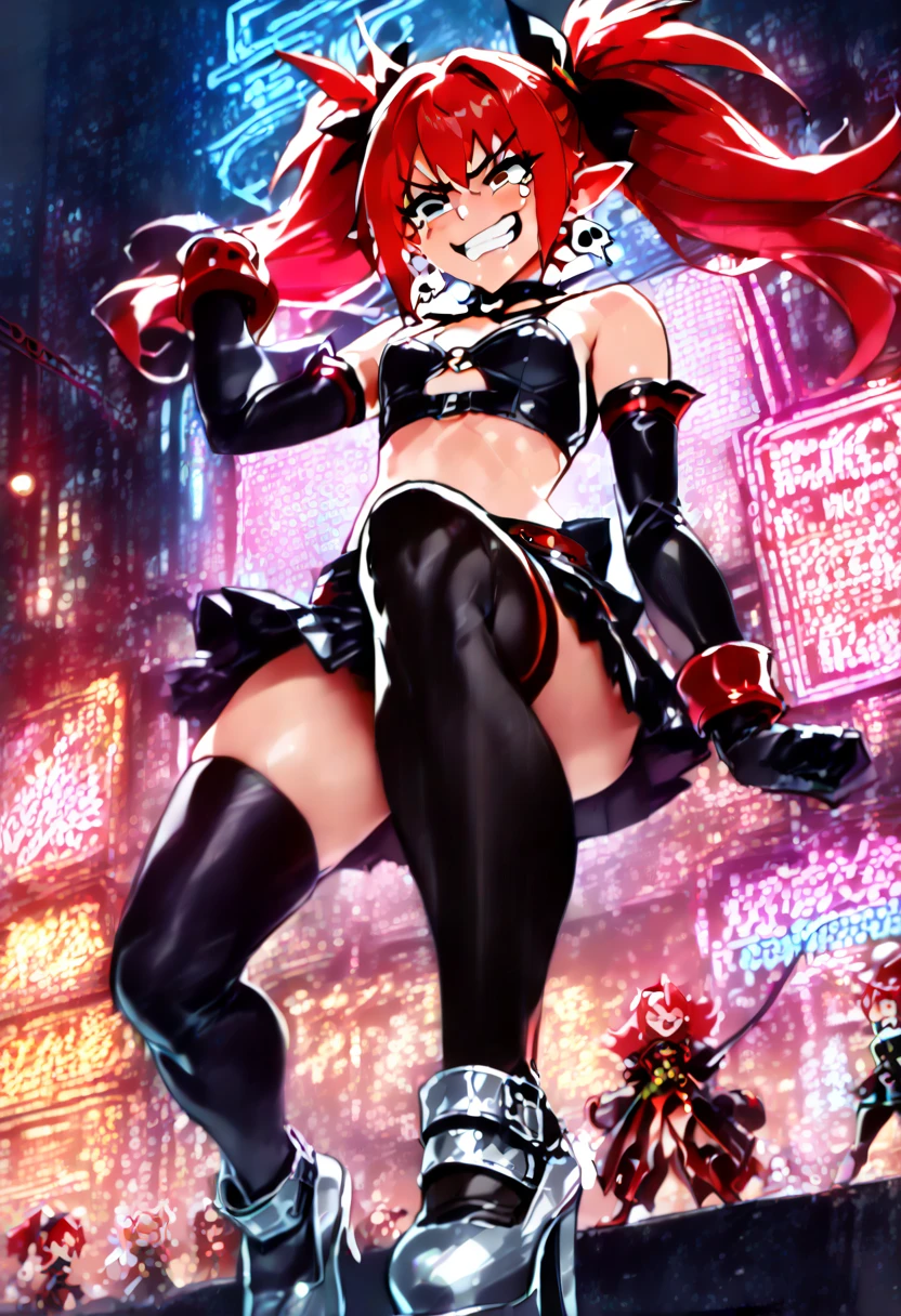 1girl, solo, shuten douji,mizukioutfit, shiny clothes, highleg leotard, black leotard, elbow gloves, fingerless gloves, frills, fishnets, red showgirl skirt, pink ribbon, fur trim, skin tight, impossible leotard, black thighhighs, thighhighs, bare shoulders, covered nave,smirk,grin, outdoors, night, village, stairs, contrapposto,cowboy shot,red theme,high contrast