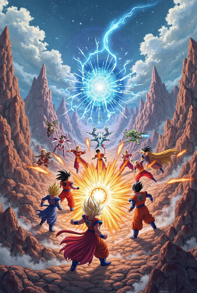 Create an image about most famous animes such as naruto dragonball one piece and other on the left and most famous marvel characters on the write fighting for the universe