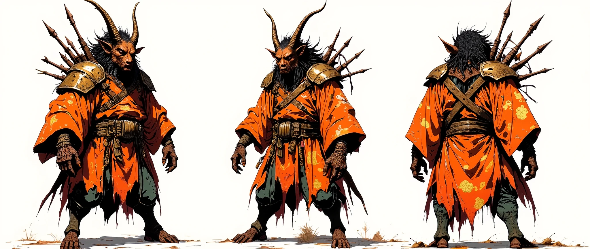 Masterpiece, most recent, very aesthetic. A demon with a boar face, [[[BOAR HEAD]], he has locks of hair, is hunchbacked, wears an orange Japanese tunic with gold details, stands on all fours, a scary monster, has 4 arms, spear-shaped bones that come out of his back, his arms are thin and long, very long, [[his feet are like goat's feet]], his body is fat and covered by an old samurai kimono, on his waist he carries several severed heads, Asian horror, Hannya, geisha mask,
[[rendered as animes 'Blame' 'Berzeker' 'PSYCHO-PASS' 'Texhnolyze' , Female body similar to anime 'Blade & Soul']] rossdraws 2.0, high resolution, 90s anime style, full body, high contrast, anatomically correct, front and side and back view, character presentation, [[white background]], character design layout, 3 sides, front back and side, front view [[[She'S FRONT]]], [[She's back]] [[FULL BODY]], [[Image showing her full body from head to toe]] , front and side view in the same image, [[white background]], presentation of the character concept. no shading, flat colors in the 90's anime style with cel shaded. 3 tones