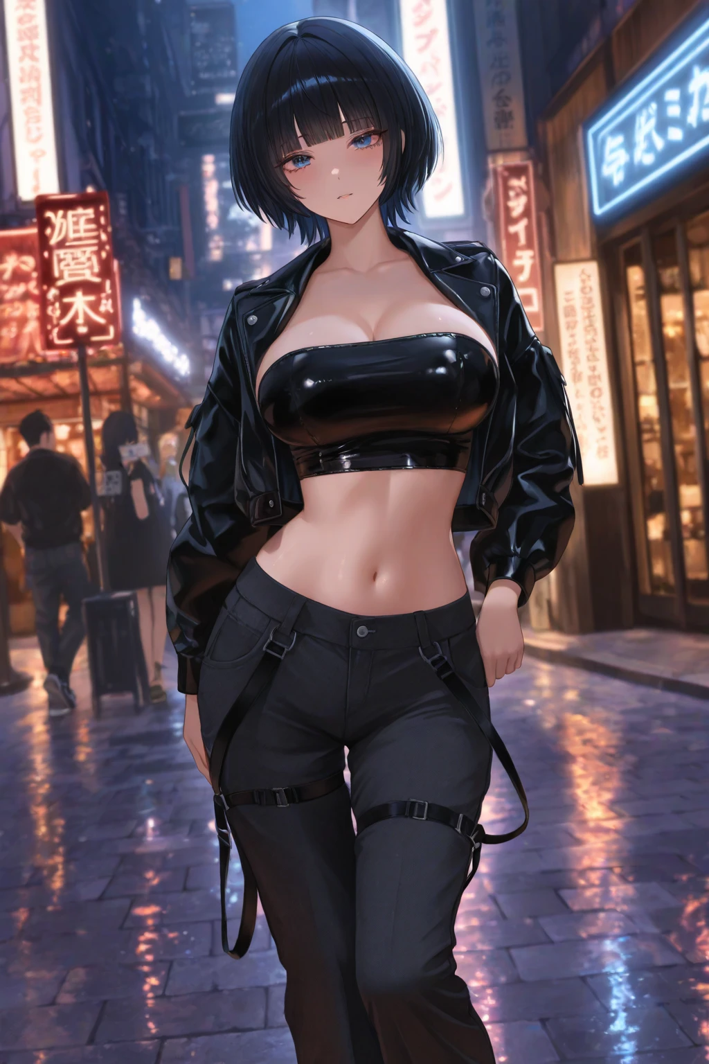 Girl with short black hair, biggest breasts in the world, blindfolded, white skin and thick lips, cyberpunk style, black bikini and jacket on a desolate street with neon lights in japan
