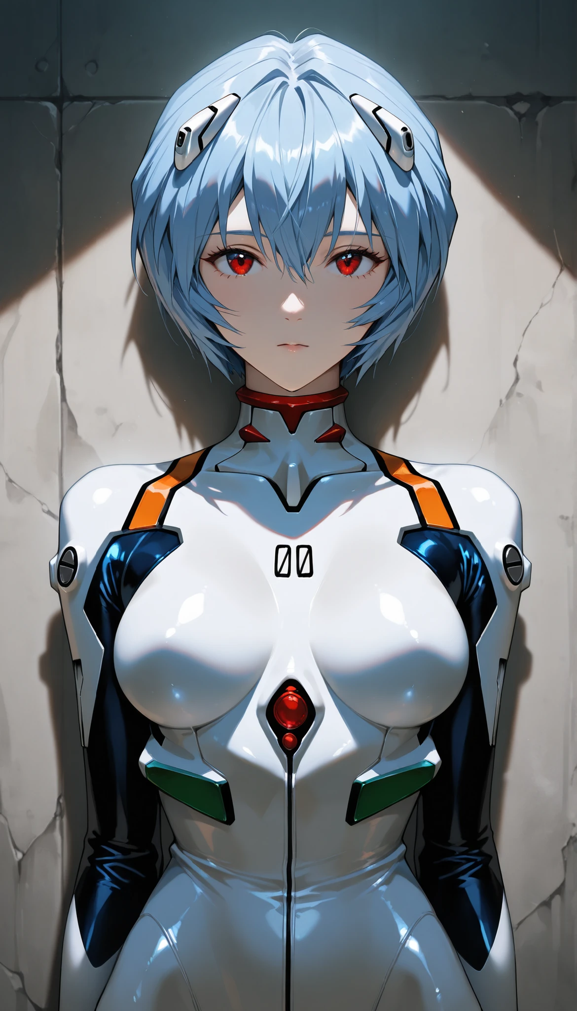 1girl, ayanami rei, neon genesis evangelion, big breasts, white plugsuit, standing at the entrance of a futuristic room. She is positioned with her back to a sliding automatic door., looking down, looking at viewer, masterpiece, best quality, very aesthetic, absurdres,