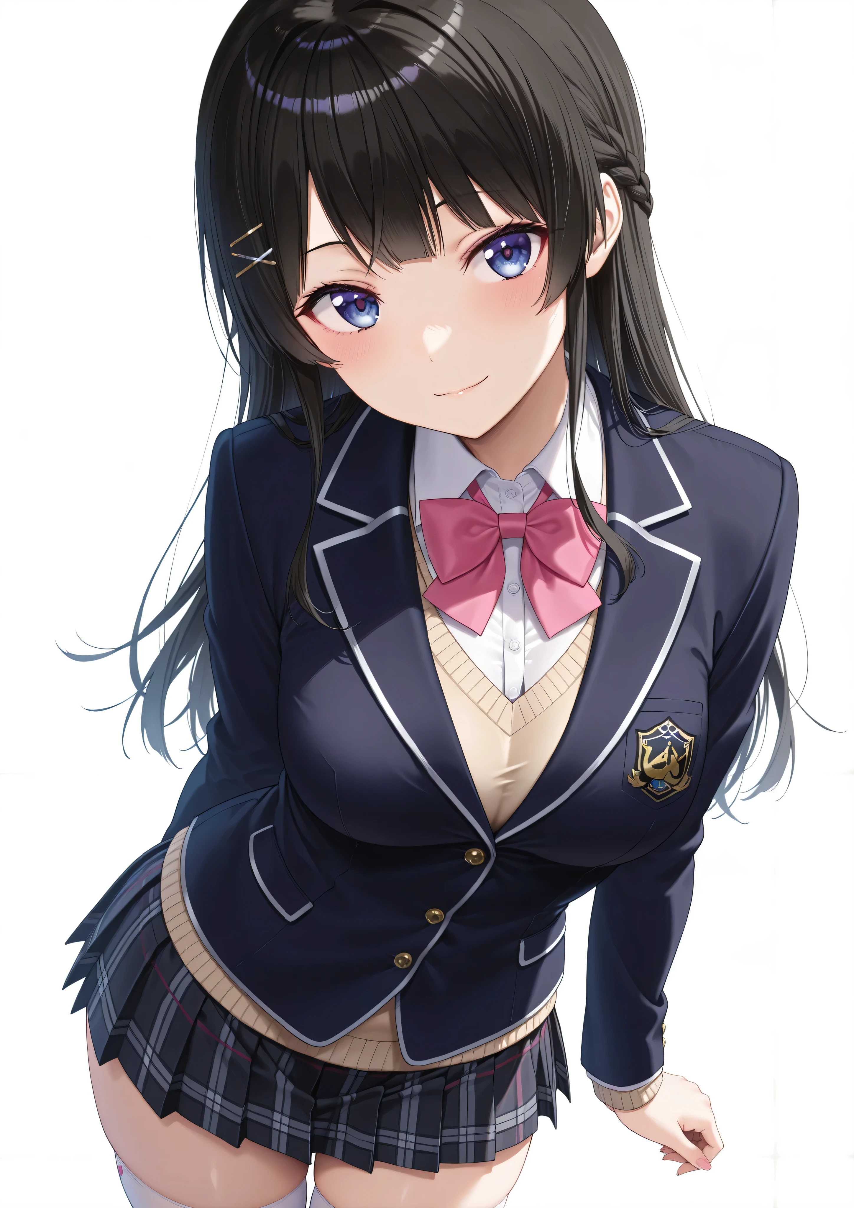 solo,masterpiece,best quality,super fine illustration、finely detail 、clear picture、UHD、HDR, amazing quality, highres, absurdres, very aesthetic, high resolution, ultra detailed, perfect details,nijimito,medium breasts,blue eyes,black hair,long hair,french braid,hair pin,nijimitocos,white shirt,pink bowtie,sweater,black jacket,blazer jacket,closed jacket,plaid skirt,pleated skirt,black skirt,miniskirt,white thighhighs,