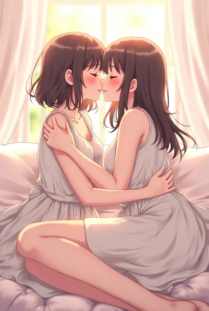 Anime, mother x daughter, kissing with lips and tongue and sharing saliva, age-gap, 14-year old lolli girl x adult woman, daughter sitting on mother’s lap, living room couch