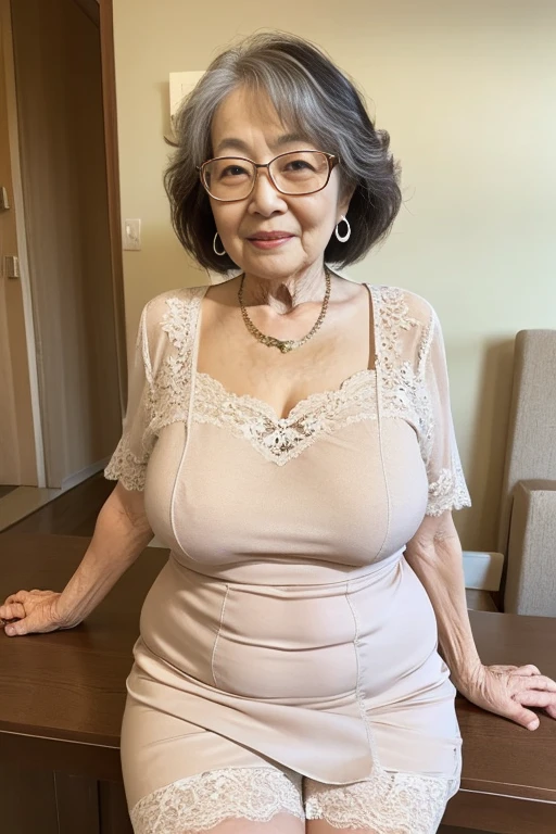 80 year old Japanese grandma、gray hair、wavy short hair、smiling、huge saggy breasts、plump body、full nude、Sitting on my knees in a Japanese-style room、love me