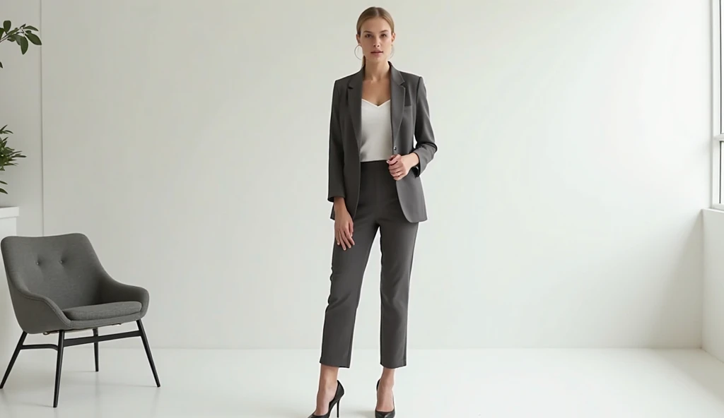 (Best quality, 8k, 32k, Masterpiece, UHD:1.2), 1girl, beautiy Japanese woman, narrow waist, grey suit, open jacket, office lady, suit, black culotte pants, from the front, office room, desk, (stick out one's buttocks:1.2), detailed face, short hair,