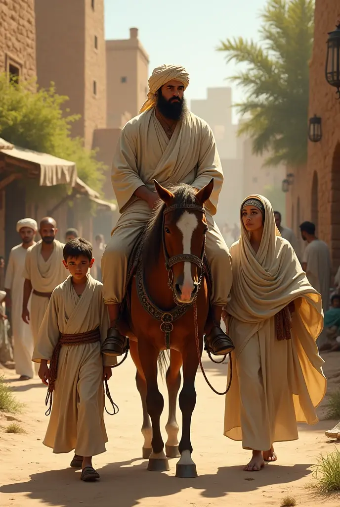 A Muslimman was riding a horse in a village with his wife and son