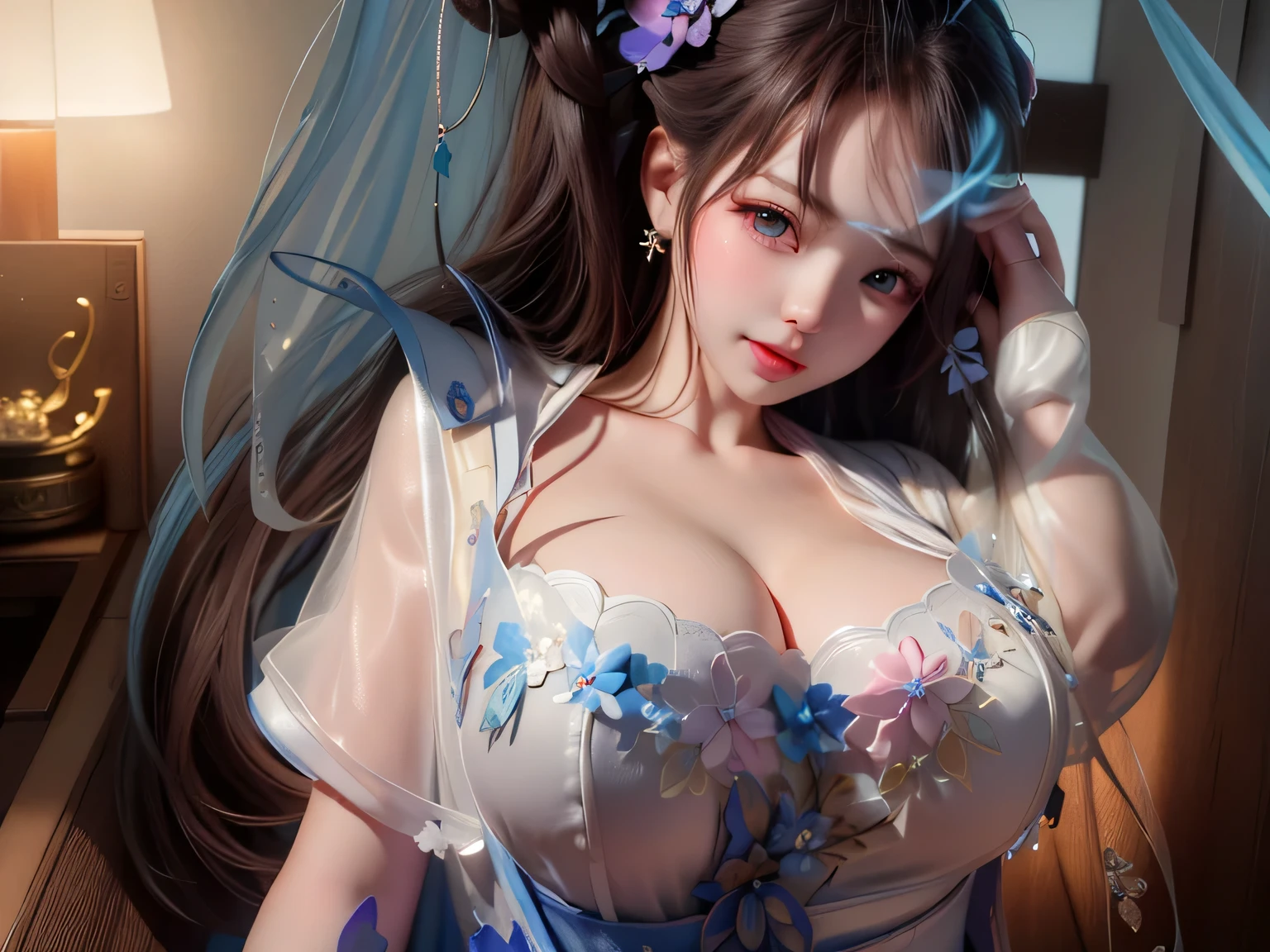 (8K, quality, tmasterpiece: 1.2), (actual, realistically: 1.5), 1 girl, Cute big breasts, sitted, External, (ssmile: 1.15), massive shutdown), 美丽詳細な目, (translucent dress: 1.3), Highlight the buttocks, Full body lesbian, (最高quality)), (ultra - detailed)), no underwares, Cute big breasts背景, Flutter, naghty face, beautiful detailed body, Moving forward, 詳細な目, (Best quality at best)