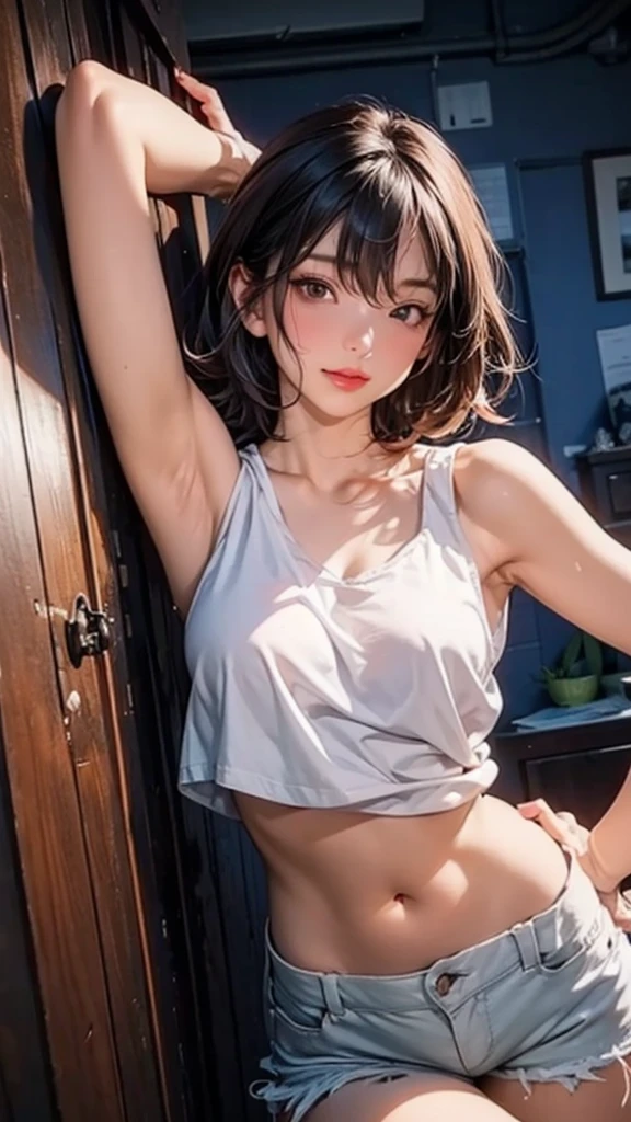 (((Gazing at the audience)))、smile、ponytail、Highest quality、masterpiece、Ultra-high resolution、(Realistic:1.4)、Pijama lace shorts、Cinema Lighting、(Ted gray hair、Normal bust:1.3)、Ultra detailed face、Detailed eyes、double eyelid、Big Hips、library、(Sexy young woman'Body:1.4),ponytail、
