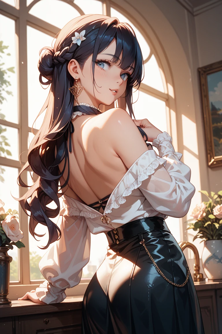 (((masterpiece))),(((High resolution)))、(((8K)))、(((perfect face)))、(((Korean idol)))、25 years old, ((off shoulder dress)),  ((skirt)), look at the camera, thighs, ((top quality eyes)), ((detailed eyes)), ((detailed face)), (detailed texture), stairs, back, ((ass))