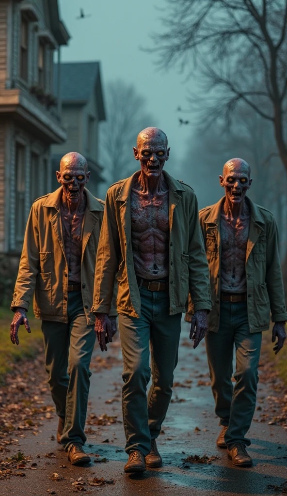 Three zombies pose as if to say 'see no evil, hear no evil, speak no evil'. The first zombie covers its eyes, the second zombie covers its ears, and the third zombie covers its mouth. The zombies have rotting skin and torn clothes. There is an abandoned house in the street in the background to keep the focus on the zombies only. There is no text on the zombies' clothes or the character bases. The zombies should look more three-dimensional and plastic, with enhanced depth and textures to make them look more realistic. At midnight, natural light, beautiful colors, sharp 8k.