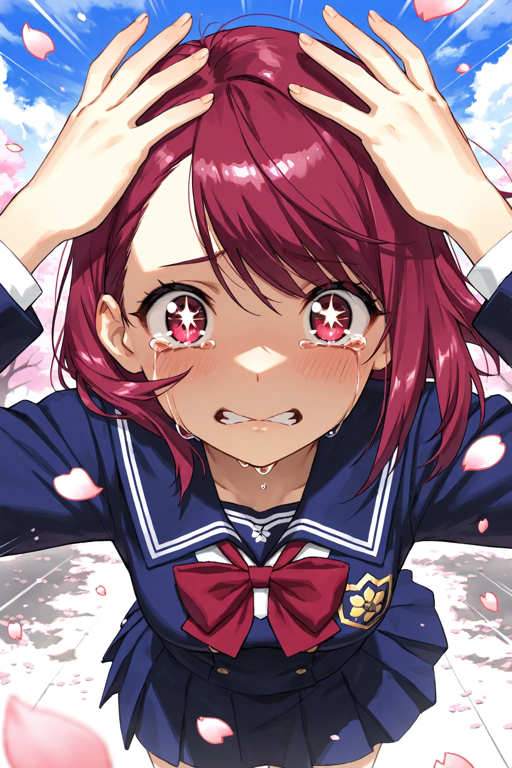 (masterpiece, best quality, ultra-detailed, high resolution, detailed eyes), {vulgar}, nsfw, takeda hiromitsu style, {{{2women}}}, {school girl uniform}, pet collar, (blushing:1.2), (open mouth:1.3), (tongue out:1.3), (drool:1.4), (breath:1.3), (??????:1.3), sweaty skin, (trembling:1.3), looking at viewer
