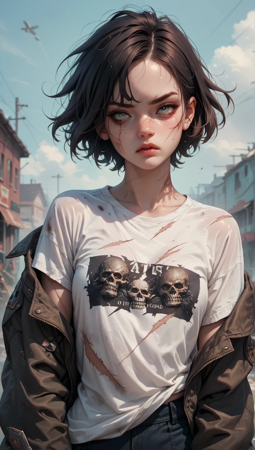 (best quality, masterpiece:1.2), (detailed eye:1.2), intricate detail, (depth of field:1.3), 20 years old girl, (angry, embarrassed), (dark skin:1.2), standing, jungle, cropped legs, shorts, backpack, injury, bandages, wavy hair, sunlight, sweat, from above, looking at viewer, muscular, freckles, blush, twisted torso, head tilt,