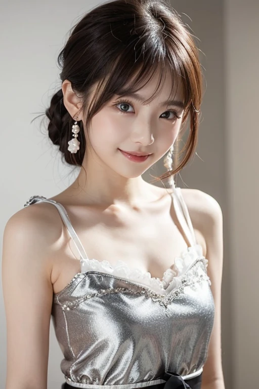 8k,Confused, High resolution, Very detailed, 1 person, alone, Very beautiful eyes, Ultra-precise depiction, artistic、Very detailed depiction, (Tangled:1.2), , (White high key background:1.5), (((White lace lingerie 1.5))), 、 short hair、Loose wavy hair、Earrings and Necklaces、Brown Hair, (Glowing Skin), Many colors, , (Shooting from above:1.2),、Flat Body、slim、cute、、Round face、Cast a Shadow、、Smile 1.3