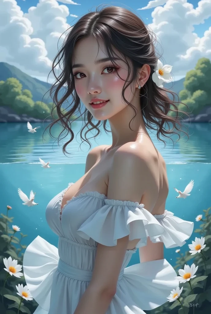 (Ana de Armas:Nataile Portman:0.7), high quality fingers, normal hands, detailed fingers,masterpiece, (realistic, photo-realistic:1.37), ( korean girl), in translucent blue saree, traslucent blue bra, a big flower on her hair, mountains, lake, trees, clouds, medium breast, small waist, dark black hair, beautiful face, perfect illumination, beautiful detailed hazel eyes,looking at viewer, stunningly beautiful woman, detailed hairstyle, fantasy detailed background, detailed fantasy background, (sweat:1), falling petals, open hair, wind, fireflies, bathing in the lake, boat, swan,gorgeous digital art, very beautiful digital art, close up fantasy with water magic, beautiful fantasy art, beautiful digital painting, beautiful digital illustration, gorgeous digital painting