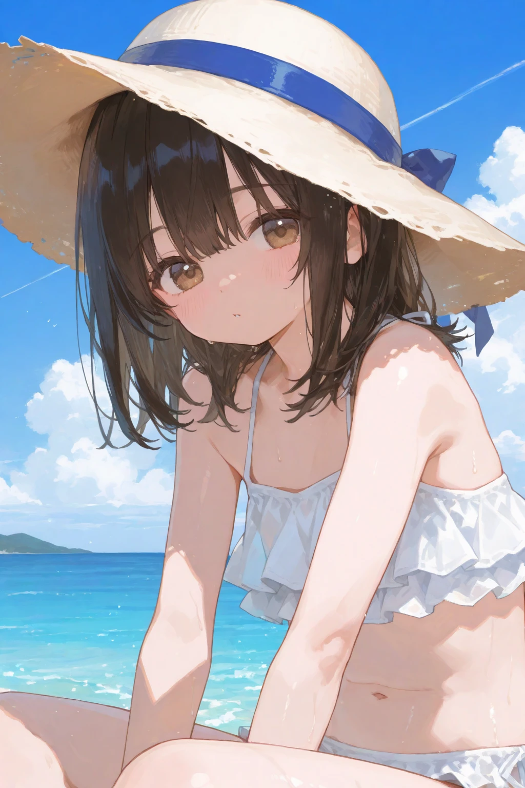 realistic, cg, 8k, masterpiece ,best quality,frilled bikini, white bikini,floral print,small breast  , 1girl ,solo, intricate eyes, golden eyes , medium hair, black hair , beach , on water , happy, erotic , alluring face , sitting, looking at viewer, outdoors, sunny day , sun , depth of field, blurry background <lora:frilled_bikini:0.8>