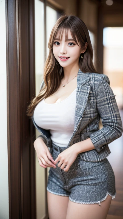 Woman Reading、Intelligent beauty、Loosely tied hair、Brown Hair、Jacket、White Shirt、Short skirt、Cleavage(Very large breasts、Very thin and long legs、Perfect figure、High heels、whole body、smile)、1 female、No makeup、22 years old、(masterpiece、8K,RAW Photos、High resolution:1.4)