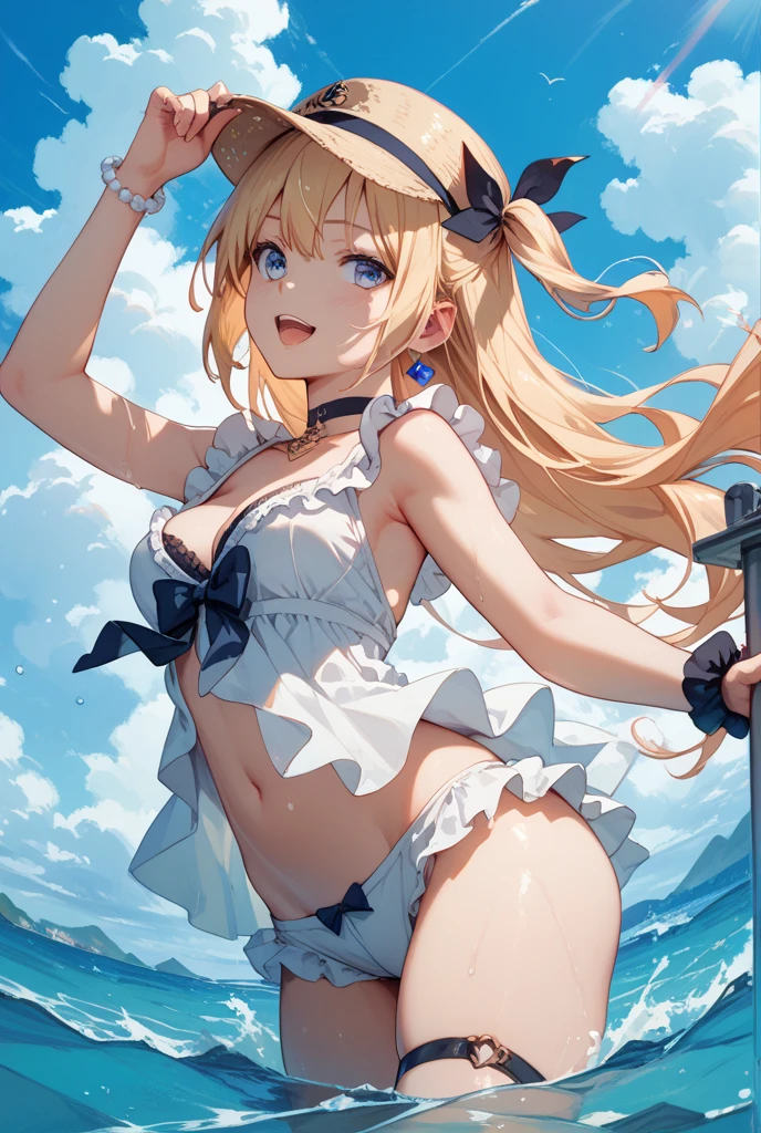 Best quality, tmasterpiece, Incredibly beautiful, very elaborate 8K wallpaper, otherworldly beautiful girl, , (Dark skin), (blonde hair pink gradient hair), Side pony, intermittently, Open your mouth and laugh, Long eyelashes, cosmetics, Close her eyes, (zoomout, bigger, BigREAK, 夏天, Beachy, (比基尼), Reflection in the water, (Floating water drops blur foreground), (blue-sky), lens flare glow, (water splash), rays of sunshine,