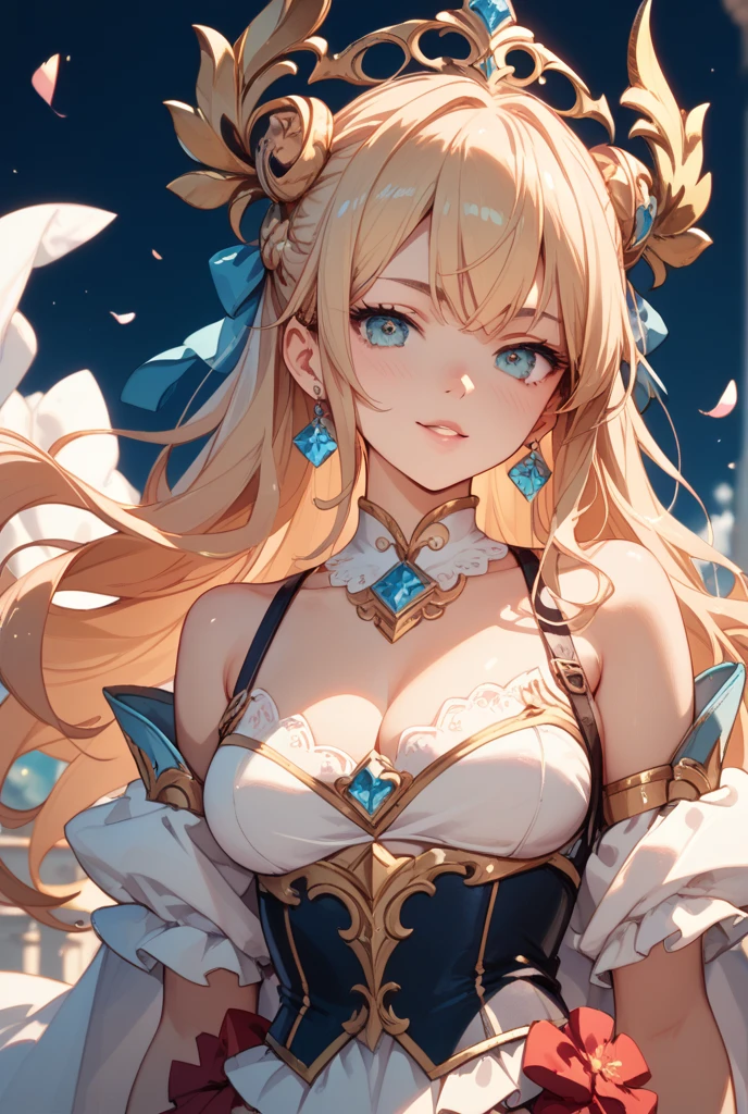 (masterpiece:1.5, intricate details:1.3), (best quality, ultra-detailed:1.3), (big golden wings), ((masterpiece)), ((best quality)), (ultra-detailed), ((extremely detailed)), 4K, ((8K)), ((best quality)), (beautiful), (illustration), painting, dynamic angle, look down from above, (beautiful sky), evening, golden sun shower, she is shines, a cute girl, 1girl, (((golden Breastplate))),  (flat chest), cute, solo0, ((beautiful gold hair)), beautiful gold eyes, ((beautiful eyes)), white-skinned, long hair, light smile, (wind effect), shiny, (flying),bakemonogatari, upper body,