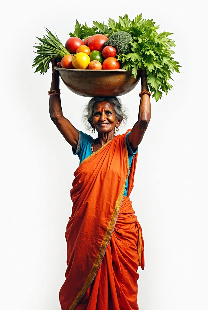 A middle-aged woman selling vegetables has a basket of vegetables on her head. She walks on the street and sells vegetables. Her country is Sri Lanka