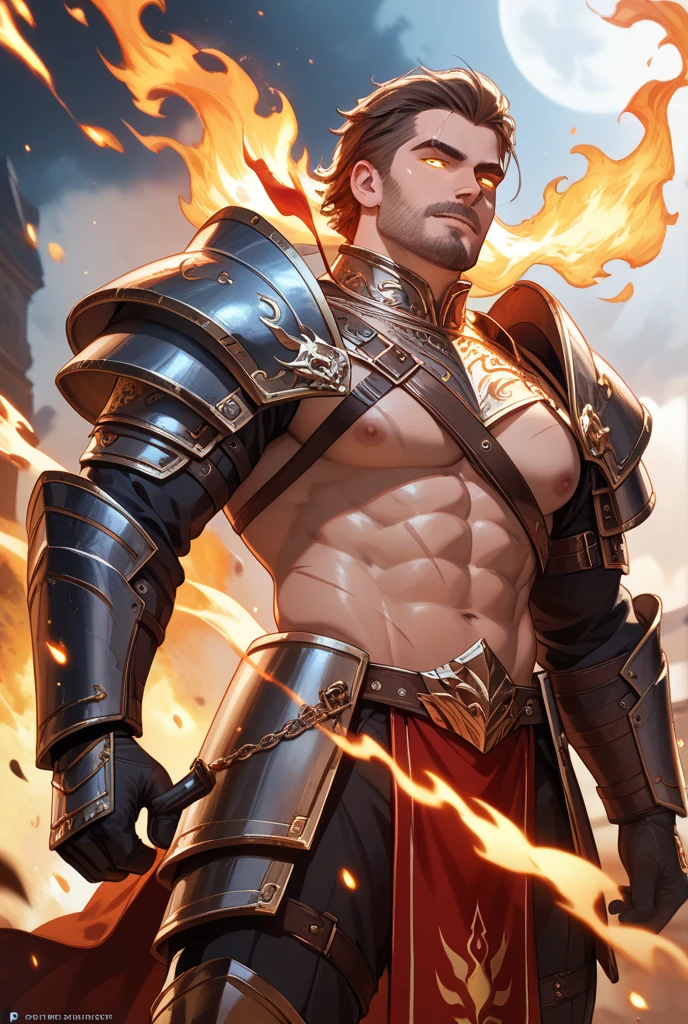 A strong twink man with short, orange undercut hair and freckles stands confidently in a battle-ready stance, his arms crossed over his chest. He is fully encased in intricate, heat-resistant red and black armor that gleams with a molten, fiery finish, adorned with flame motifs. His underarms are smooth and well-groomed, showcasing his impeccable physique with beautiful armpits. The background features a dramatic and intense environment with flames and embers swirling far from him, creating a vibrant, fiery landscape. The image is rendered in a photorealistic, hyper-realistic 8k style, with studio lighting, capturing the powerful and cinematic essence of the scene with intense colors and dramatic chiaroscuro lighting.