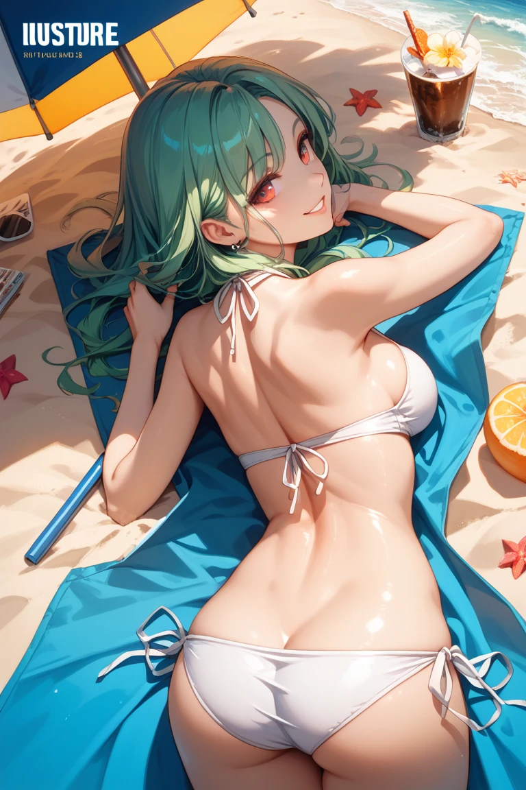 a anime girl wearing a mini skirt laying on the beach with the sea behind her, extremely detailed, HD, highres, beautiful, skirt, mini skirt, 1girl, green hair, green eyes, outdoors, tongue, solo, lying, tongue out, beach, earring, single earring, jewelry, looking at viewer, small breasts, long hair, bangs, bare shoulders, cleavage, day