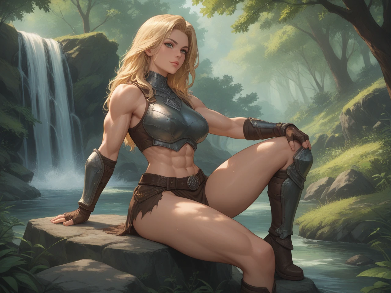 "Masterpiece, high quality, detailed, high resolution, 4k, 8k, realistic skin texture, amazing shadows, perfect lighting, hyper-realistic." A woman (blonde hair, tanned white skin, strong, toned abs, green eyes), as a medieval fantasy barbarian, screaming, brown leather clothes, detailed hills with skulls on the background,