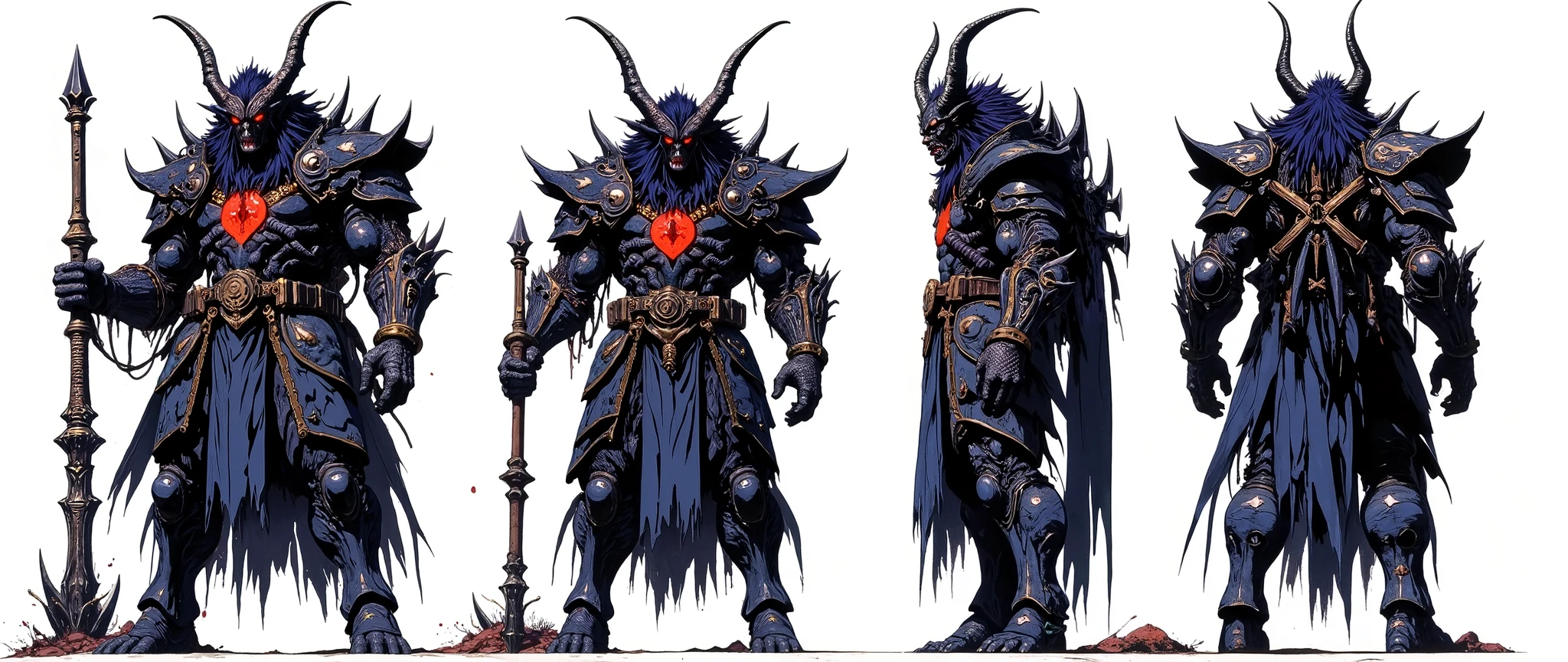 Masterpiece, latest, very aesthetic. A Demon Lord of darkness, he has huge horns that adorn his head, black horns, he has locks of hair, he is 5 meters tall, he wears armor with huge and disproportionate shoulders, he is very strong and has huge claws, gore, a scary monster, he has 4 arms, spear-shaped bones that come out of his back, very long, [[his feet are like goat's feet]], on his waist he carries several severed heads, in his hand he carries a huge demonic sword, demon king, his face is like the statue of solo elevin boss, asian horror, Hannya, geisha mask,
[[rendered as animes 'Blame' 'Berzeker' 'PSYCHO-PASS' 'Texhnolyze' , Female body similar to anime 'Blade & Soul']] rossdraws 2.0, high resolution, 90s anime style, full body, high contrast, anatomically correct, front and side and back view, character presentation, [[white background]], character design layout, 3 sides, front back and side, front view [[[She'S FRONT]]], [[She's back]] [[FULL BODY]], [[Image showing her full body from head to toe]] , front and side view in the same image, [[white background]], presentation of the character concept. no shading, flat colors in the 90's anime style with cel shaded. 3 tones