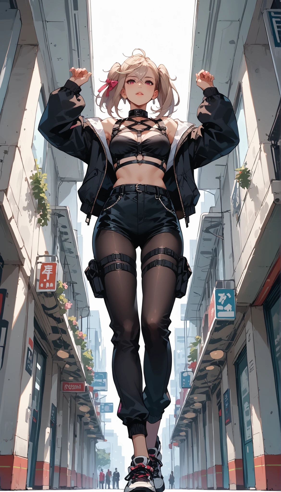 , Croped, , cleavage, slim waist, cropped hoodie underboob, cropped hoodieunderboobhoodie, 1girl, 2 wolf ears, wolf tail, marijuana crop hoodie, crop shorts, marijuana hoodie, spiky hair, spiky fur, green hair, red eyes,marijuana field scenery, tight clothes, perfect eyes, perfect hands, clear resolution, full body, cleavage skin, marijuana plants, open hoodie, marijuana scenery, black thigh high socks, full body, earrings, 1girl, skirt, cleavage, slim waist, cleavage, slim waist, hair pulled back,
