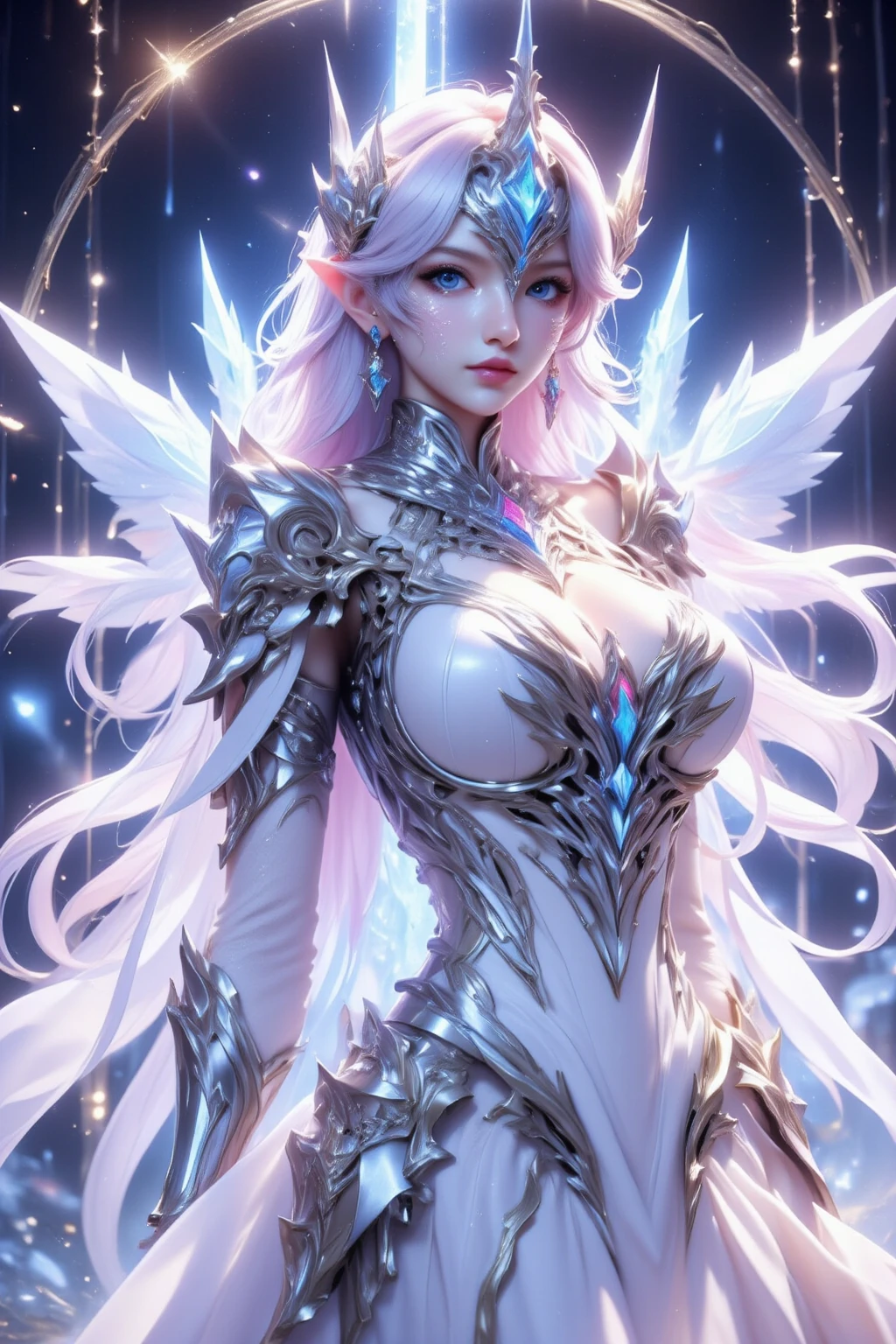 top-quality、masterpiece、超A high resolution、(Photorealsitic:1.4)、Raw photo、Steampunk Battle Cyborg Angel、large wings made of metal、White porcelain body、Acrylic Clear Cover、white hair、glowy skin、1 Cyborg Girl、((super realistic details))、portlate、globalillumination、Shadow、octan render、8K、ultrasharp、character edge light,Colossal tits、Raw skin is exposed in cleavage、Details of complex ornaments、Sumerian details、Hydraulic cylinder、Small LED lamp、highly intricate detail、Realistic light、a purple eye、radiant eyes、Facing the camera、neon details、cowboy shot、Futuristic headgear、About Cyberpunk、、