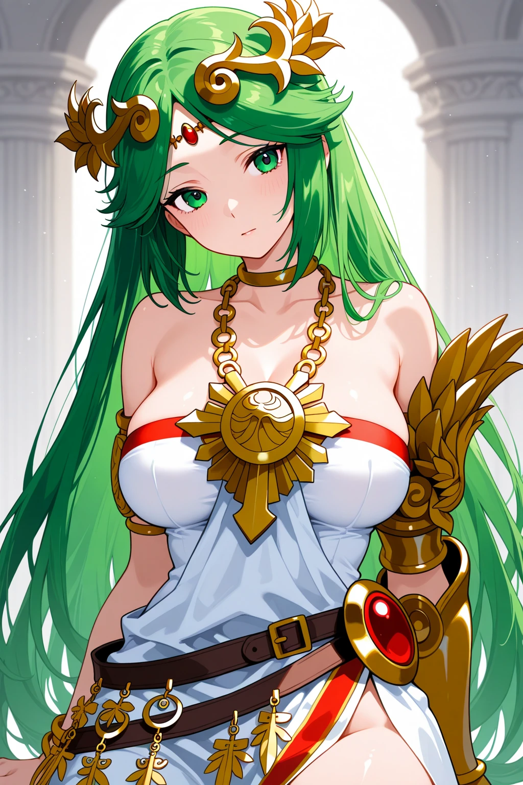 (masterpiece,best quality,ultra-delicate,Perfect Face,16k,high resolution,very beautiful woman), Atsugessho:1.3,  upper body shot,deep green hair,blue latex bodycon dress, long latex gloves, green tights, ((large breasts)), gold headpiece, pale blue skin, red gem on forehead, pink mist, ((cosmetics counter)), holding large red ball on rope, necklace, smirk, (extremely glossy)