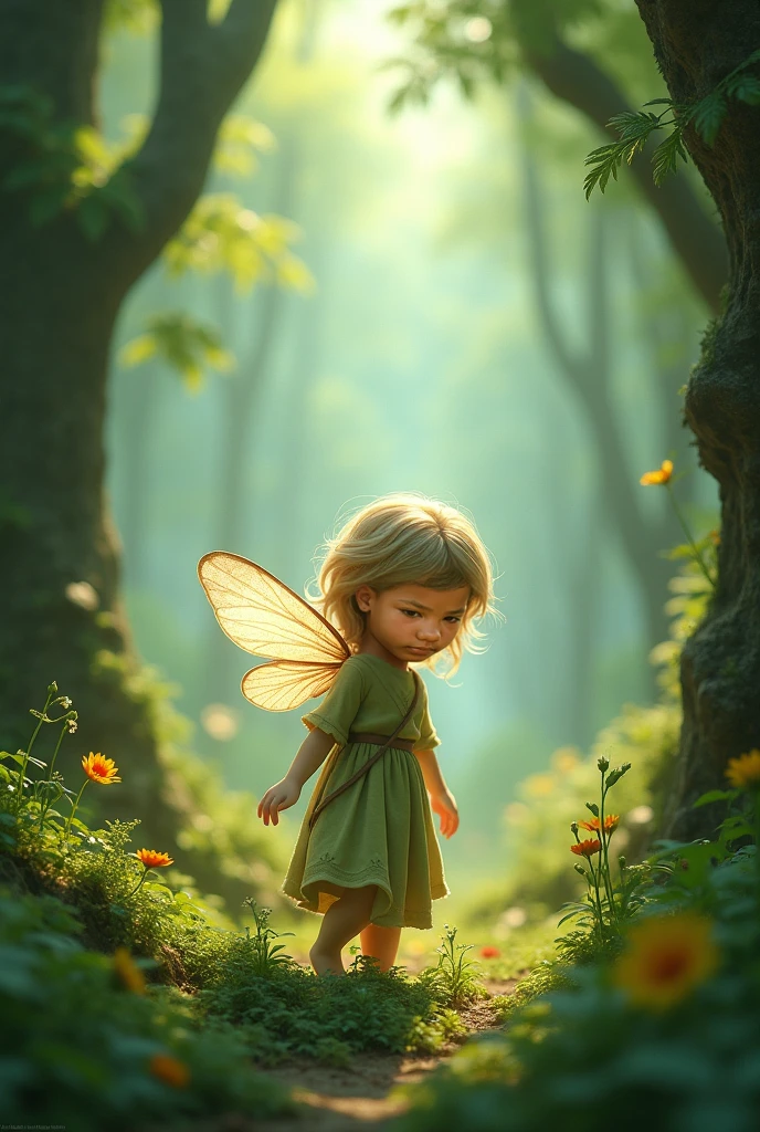 whimsical beautiful fairy, thinking expression, sitting on tree branch, surrounded by small fireflies, high quality, magical charm, enchanting forest, vivid colors, soft lighting, delicate wings, fantasy atmosphere, lush greenery, detailed foliage, glowing particles, surreal environment, dreamlike, light brushstrokes, depth of field, intricate details, 8k, sharp focus, perfect eyes, life like face, cinematic dynamic soft natural lighting, John Bauer