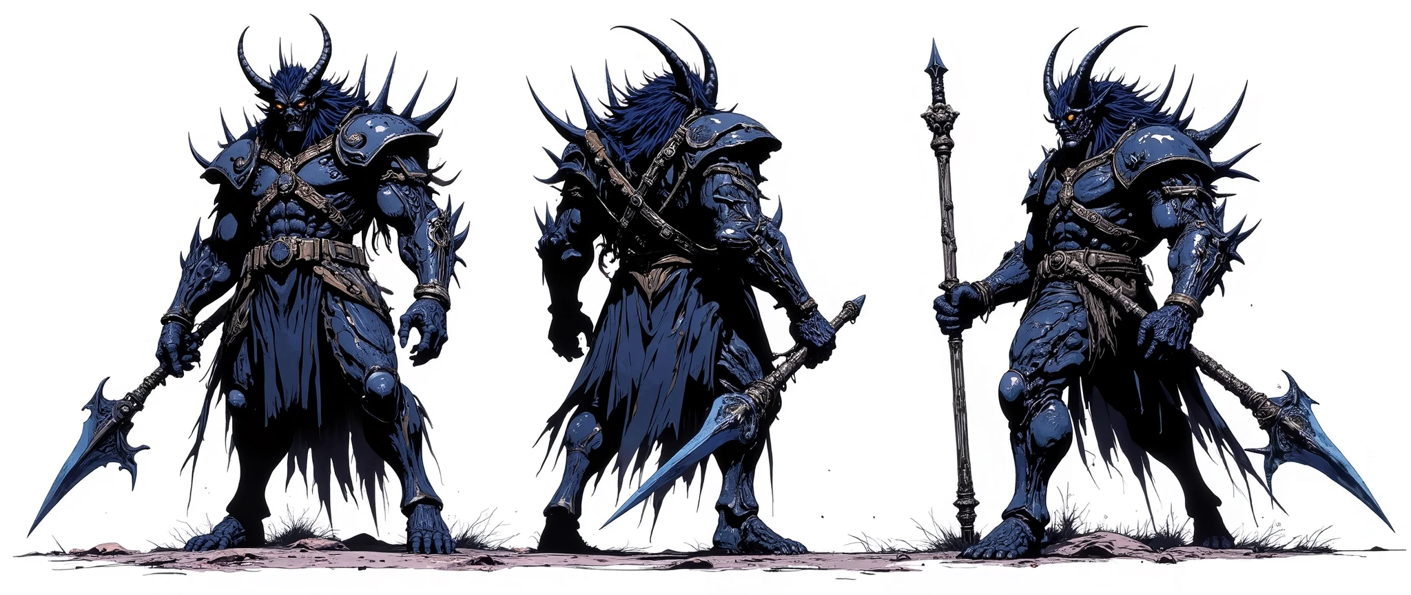Masterpiece, latest, very aesthetic. A Demon Lord of darkness, he has huge horns that adorn his head, black horns, he has locks of hair, he is 5 meters tall, he wears armor with huge and disproportionate shoulders, he is very strong and has huge claws, gore, a scary monster, he has 4 arms, spear-shaped bones that come out of his back, very long, [[his feet are like goat's feet]], on his waist he carries several severed heads, in his hand he carries a huge demonic sword, demon king, his face is like the statue of solo elevin boss, asian horror, Hannya, geisha mask,
[[rendered as animes 'Blame' 'Berzeker' 'PSYCHO-PASS' 'Texhnolyze' , Female body similar to anime 'Blade & Soul']] rossdraws 2.0, high resolution, 90s anime style, full body, high contrast, anatomically correct, front and side and back view, character presentation, [[white background]], character design layout, 3 sides, front back and side, front view [[[She'S FRONT]]], [[She's back]] [[FULL BODY]], [[Image showing her full body from head to toe]] , front and side view in the same image, [[white background]], presentation of the character concept. no shading, flat colors in the 90's anime style with cel shaded. 3 tones