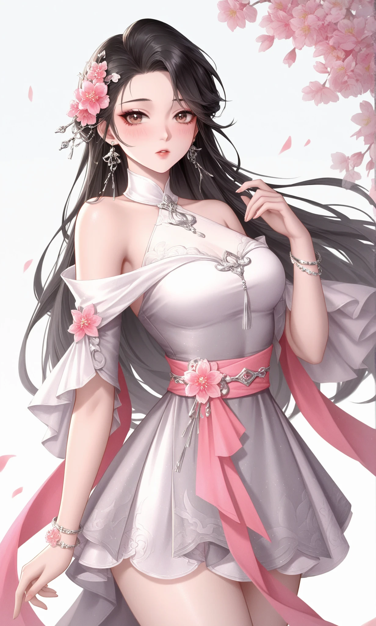 (masterpiece), best quality, good anatomy, shuimobysim, (1 girl: 1), (upper body), (smile), (short hair: 1.2), (hanfu), long coat, (ecchi0.5), (bridge: 1.2), (flowers: 0.6), moon, lantern in ancient China, delicate face, see-through, pink clothes, full body, close-up, back hand, Taoist robe, Thighs, raised high, cloudy, chinadre, overexposed, [wet suit: 1.2], mid-chest, solo, [doll], bare thighs, credibly_absurdres, strong angles, pleated skirt, chinoiserie architecture, single bun, white hair, red eyes, squinted eyes, indifferent attitude, eye shadow, eyeliner, no shoes, ribbon sleeves, earrings, necklace, headdress, mid-chest, sunlight, reflected light, ray tracing, loli, phoenix crown vermilion robe, blush