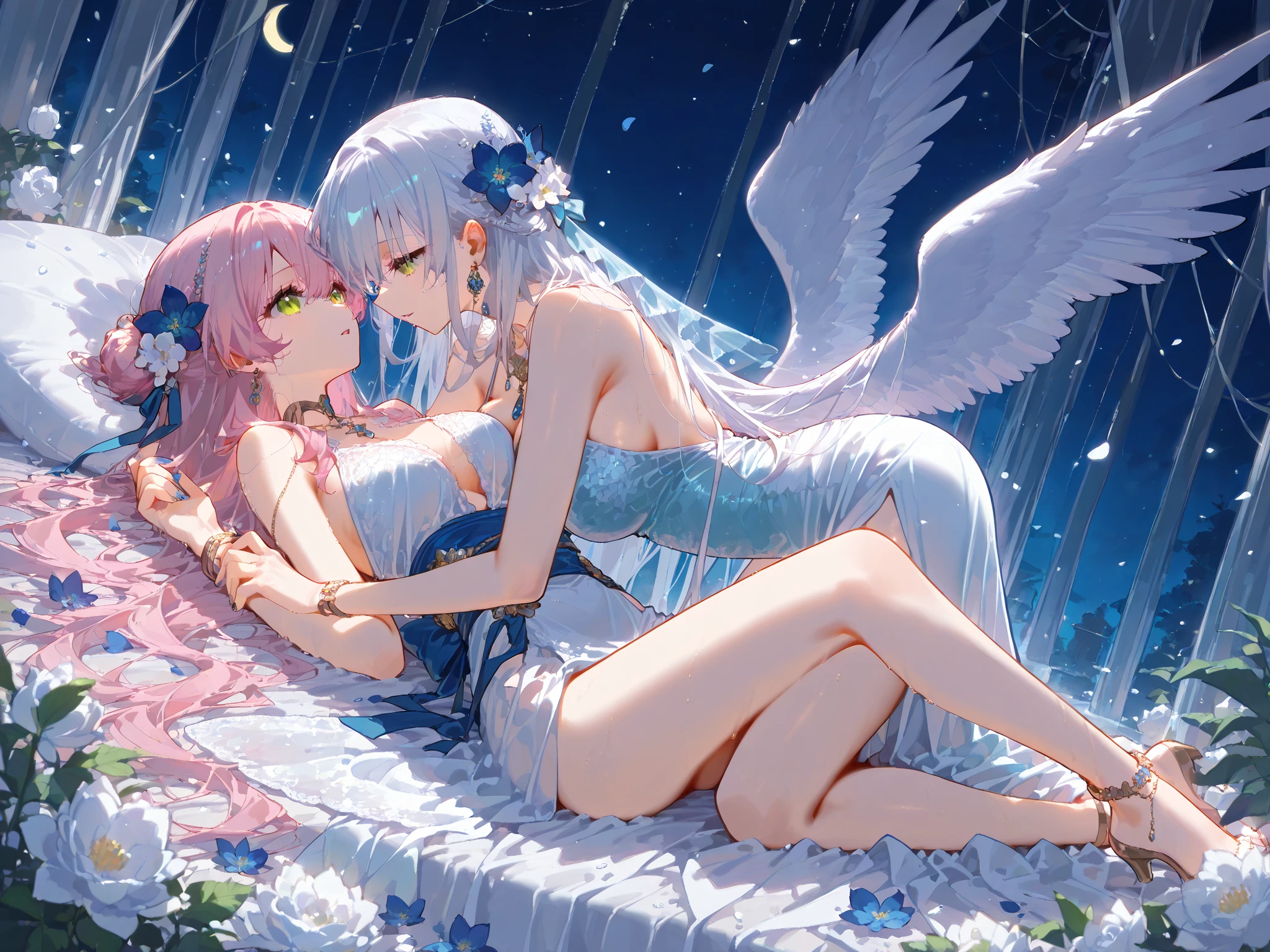 breast curtains, Porcelain dress, Areola transparent slip dress, (best qualityer:1.0), (8k wallpaper:1.0), Extremely Delicately Beautiful, (Beautiful detail face:1.0), (Detailed deep eyes), Symmetrical breasts, Deep eyes, steamy, shiny skins,(Tongue out:1.2),Scared:1.3,(Looking up),Bedroom at night,necklace,Messy clothes, (Cry: 0.7), Open mouth, saliva, throat, tongue sticking, hanging pulation, Invitation to, Inside the mouth, two girls, laying on a bed, mermaid, mermaid tail (Detailed Mermaid Tail: 2.0), lower body is fishtail, tail with fish scales, jewel-like eye (eye detail), bangs, long curly hair, sparkling, pearl jewelry, flowers, beautiful face, blue eyes, shell, shimmering white, lesbian, lesbian intercourse, lesbian kiss, kissing, fingering, rubbing, blushing, intimate moment, breast pressing, kissing with tongue, nipple stimulation, embarrassed, drooling, saliva, nervous, laying down, transparent, short skirt, white color, black hair, white hair, white fishtail, purple fishtail, orgasm, beautiful fishtail, transparent fins, pleasuring each other, visible mermaid tail, cuddling with each other, hugging each other, laying on top of each other.