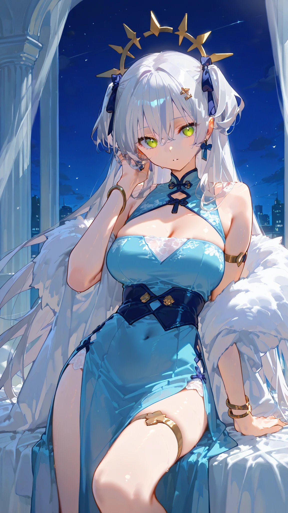女の子1人、white hair、Pink eyes、length hair、fluffy and soft hair、Cinderella、Cinderella's Castle、lace dresses、natta、moonlight、It's snowing、爆乳、cleavage of the breast、Enchanted breasts、Enchanted thighs、Pink lip、耳环、White lace ribbon、frilld、Navel Ejection、Sparkling eyes、I can see my underwear.、