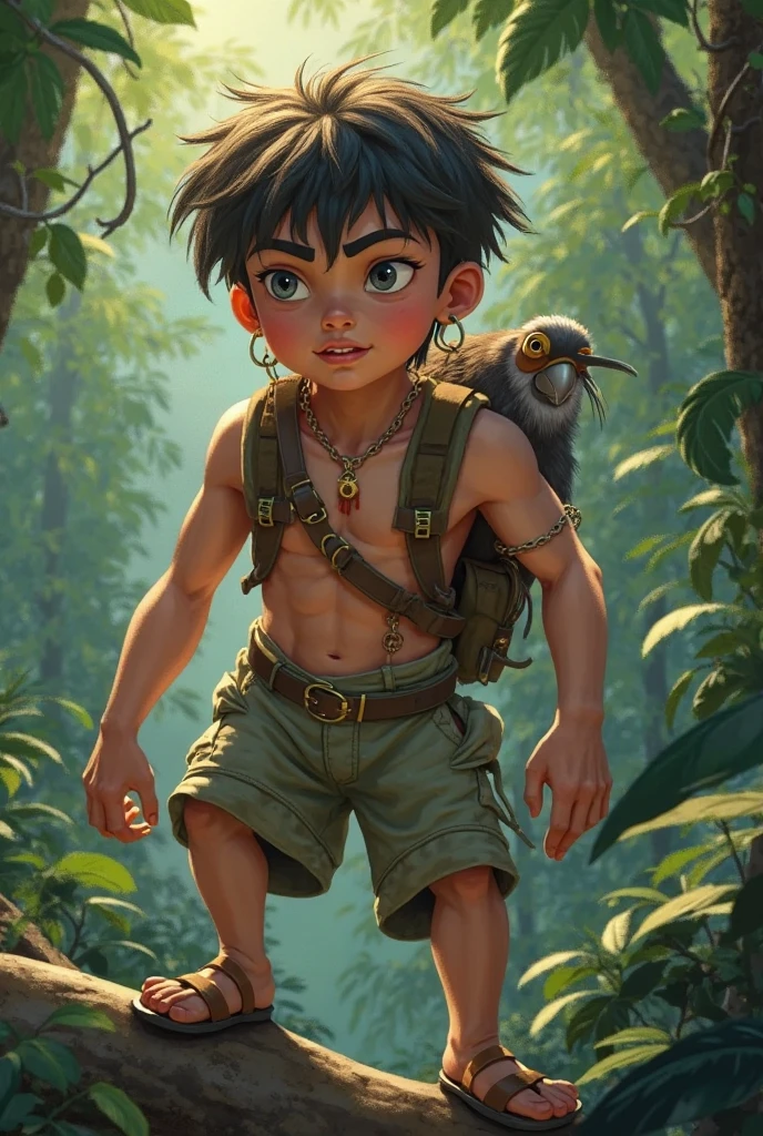 Best quality, masterpiece, UHD, a little boy , shirtless, showing leopard tattoo in both arms, sitting at jungle , 2 years old, very cute and childish, scary,