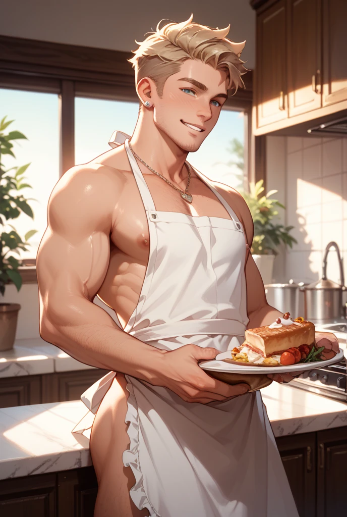 photo of a man cooking in the kitchen wearing naked apron, (20 years old), (smirk:0.7), food, window, large pectorals, leaning in, shirtless, best quality, masterpiece, detailed background, depth of field, intricate details