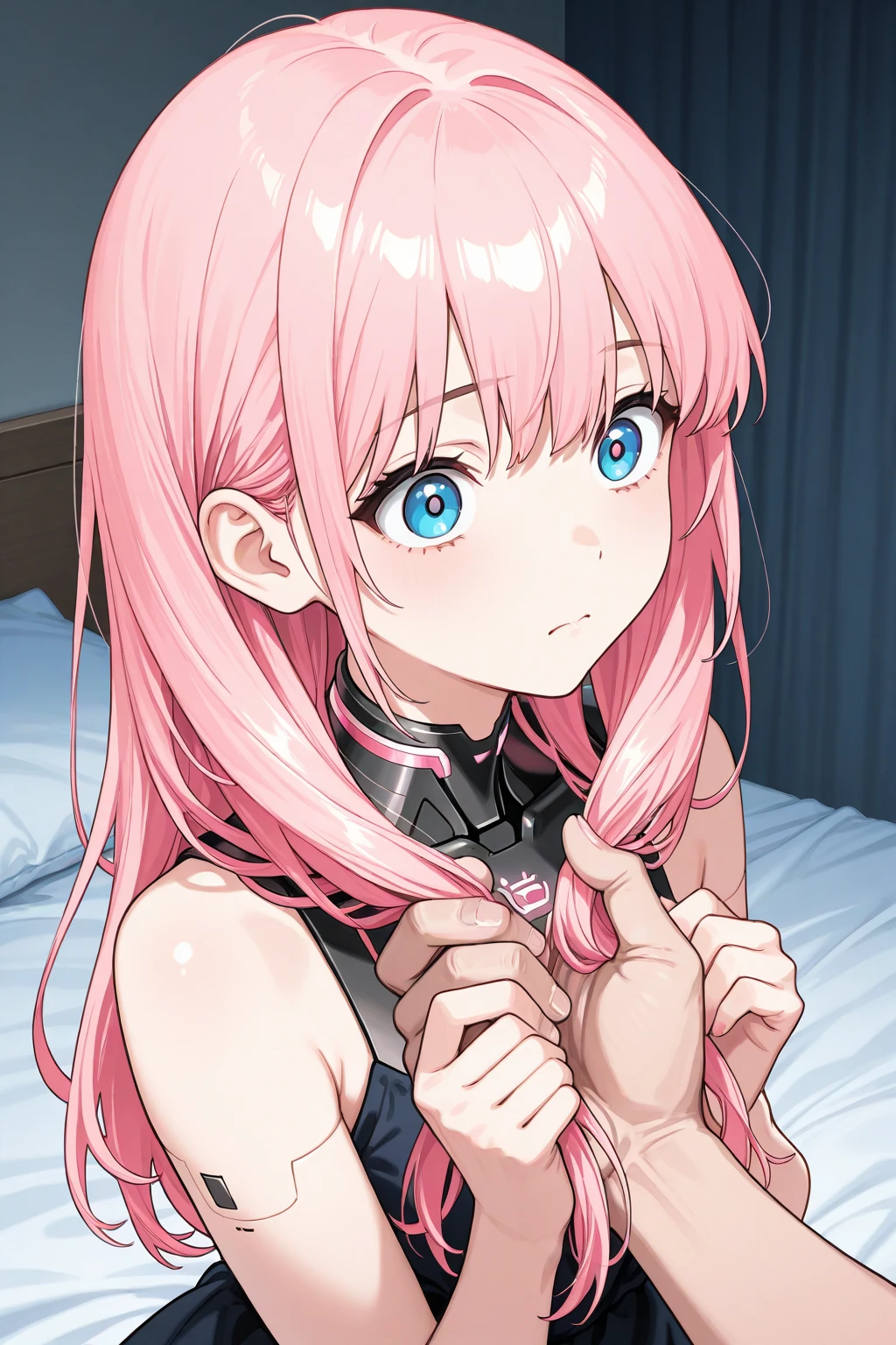 top quality、android girls、neck and ears are android parts、pink upstyled hair、Strange Atmosphere、bed with a surprised face、hair caught by a man's hand(Man's hands are in hair)、From the shoulders up、sad expression