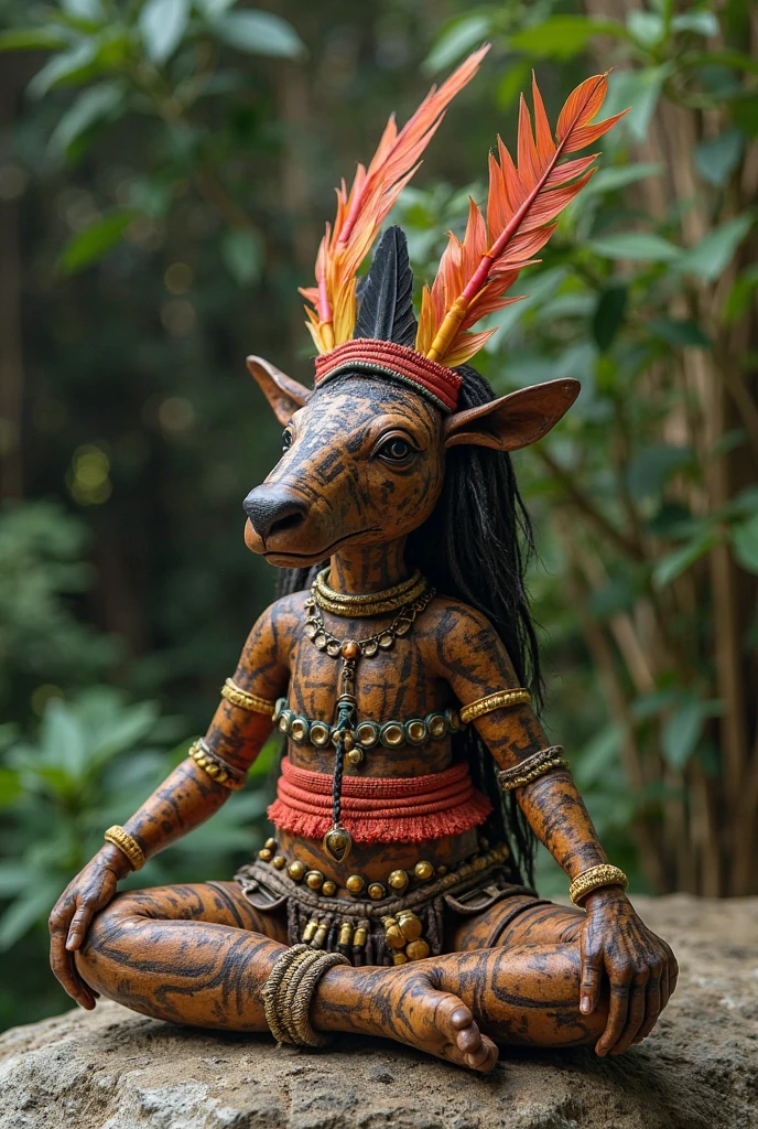 Chimpanzee ((indigenous),, ((with praying hands)),, chimpanzee hands, hair with details, with indigenous headdress on the head, ((meditating)) colorful feathers, facing the camera, detail: dense tropical foliage, highly detailed intricate, ((masterpiece)), ultra hyperrealistic, masterpiece