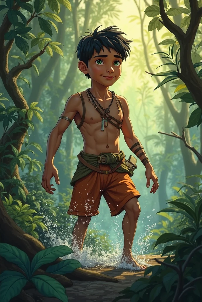 handsome boy,Black Hair,Tanned skin,Minority style,Feather ornament,Stars background,Amazon Natives,(Dynamic poses:1.0),Stone Spear,Animal leather wristbands,primitive