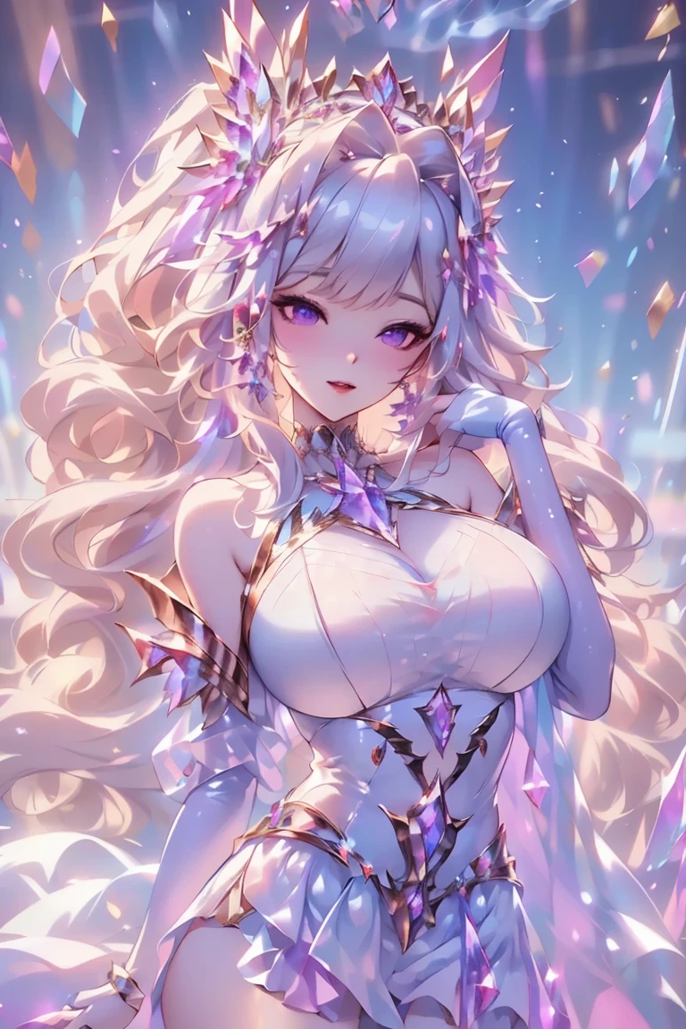 (((masterpiece, Highest quality, 8K resolution, Sharp focus, Intricate details, beautiful girl, Glowing Eyes, Golden ratio of the face, Otherworldly liquid, watercolor, ((pastel)), Bright colors, Whimsical, multiple face, focus on, Very high resolution, The finer details, Fantasy Princess Costume Sexy Ball,Gloss,diamond, crystallization,((Round eyes)), Rainbow bubbles, Background castle scenery),Large Breasts,Cleavage,