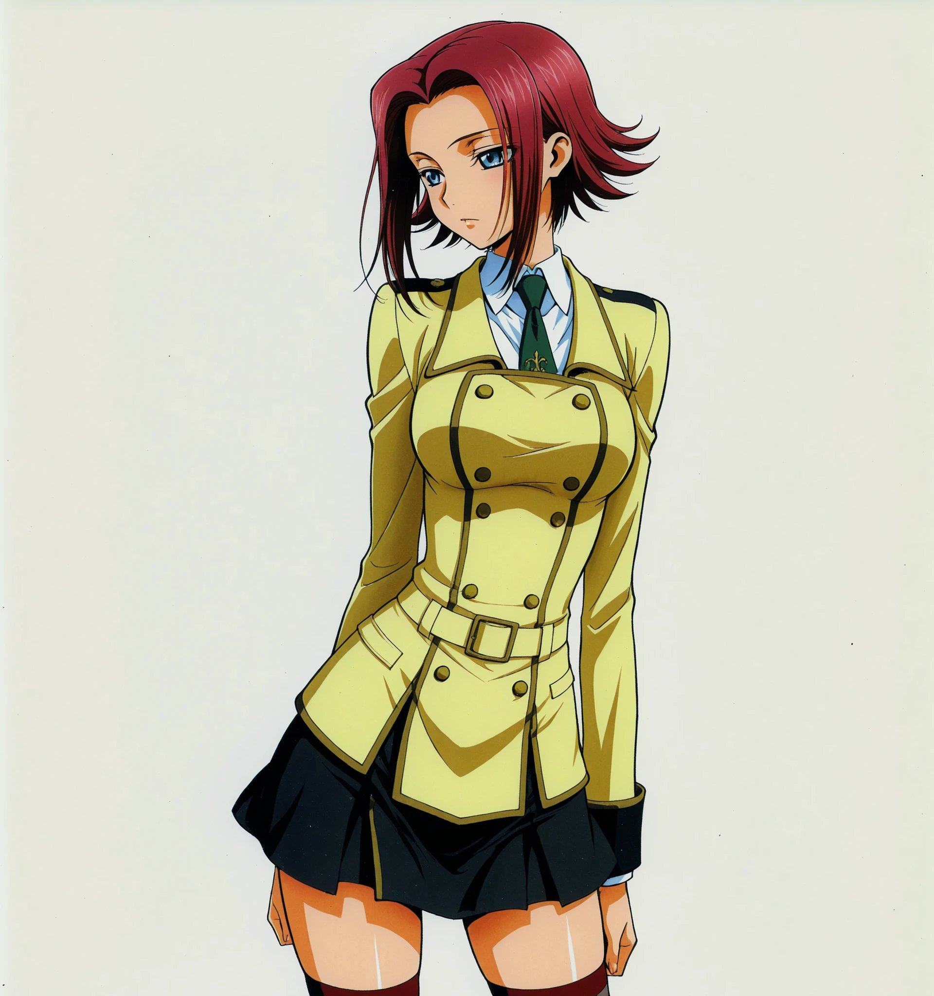 kallen stadtfeld,1girl,Alone,cabello rojo,short hair,blue eyes,kallen school uniform,gunman,pollera,falda negra,yellow uniform,Ashford Academy Uniform,highhighs ,simple background,white background,